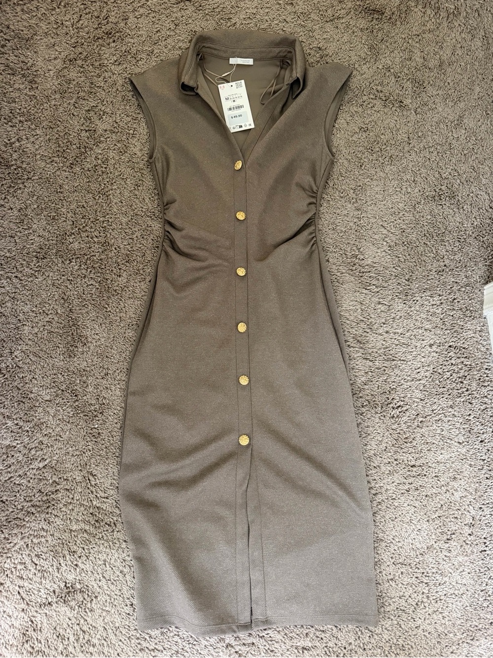 Zara Taupe Sleeveless Collared Midi Dress with Gold Buttons